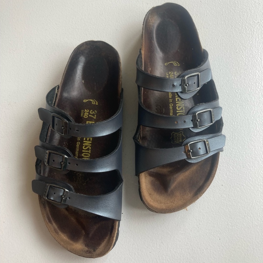 Silver Sheen Triple Strap Birkenstock Sandal Dark Brown Leather Footbed
